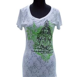 Cache Stretch Beauty Zen BUDDAH Burn Out Tee Top White Green Black New Soft NWT